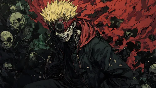 Skull-masked punk stalks crimson wasteland in tatters.