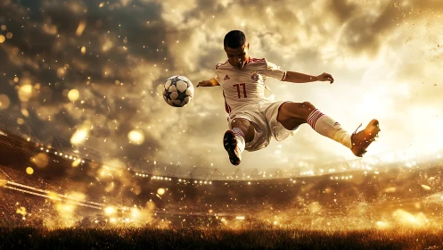 Dynamic mid‑air soccer volley under dramatic golden stadium light