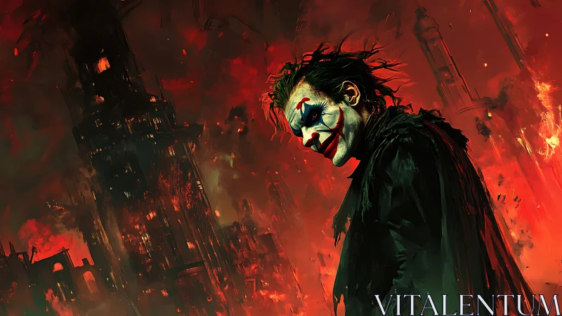 Lone chaos jester stalks a burning, blood-red cityscape.