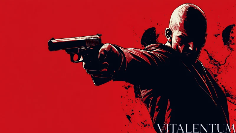 Bald suited gunman extends handgun toward viewer on red background