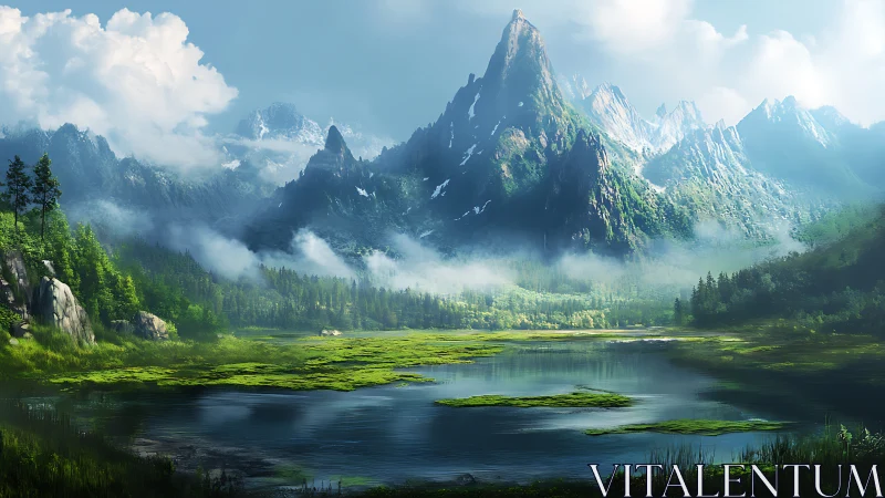 Mountain range with alpine lake and low-lying morning mist.