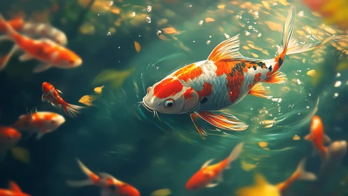 High-detail koi carp rendered with dynamic water caustics and bokeh