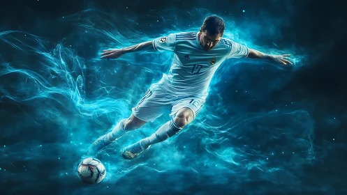 Digital rendering shows football player striking ball mid-air