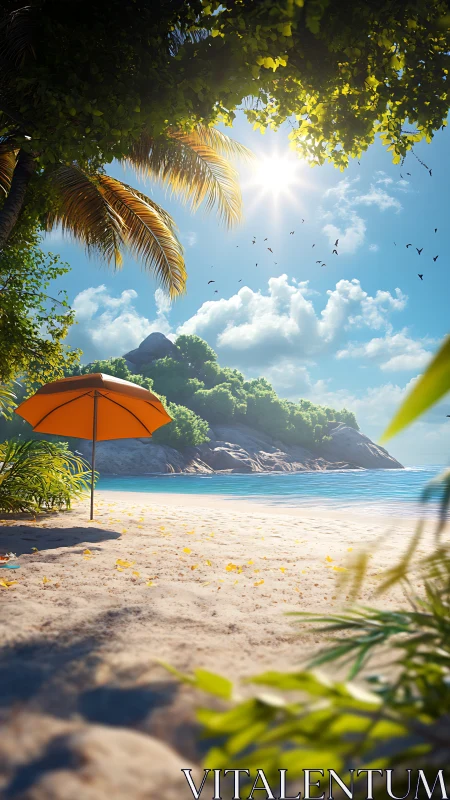 Tropical Paradise Beach with Orange Umbrella Under Palm Canopy