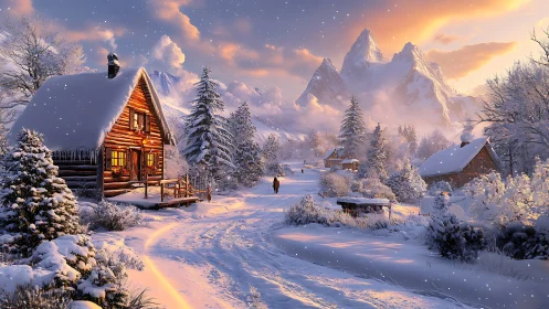 Snowy mountain village cabin under warm sunset glow.