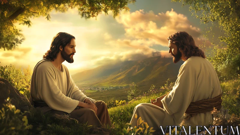 Two robed men seated in pastoral landscape at sunset.