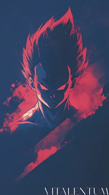 Neon-lit anime warrior portrait in stark blue and red glow.