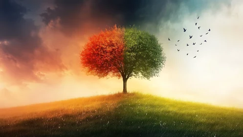 Tree stands on hill dividing warm and cool atmospheric light