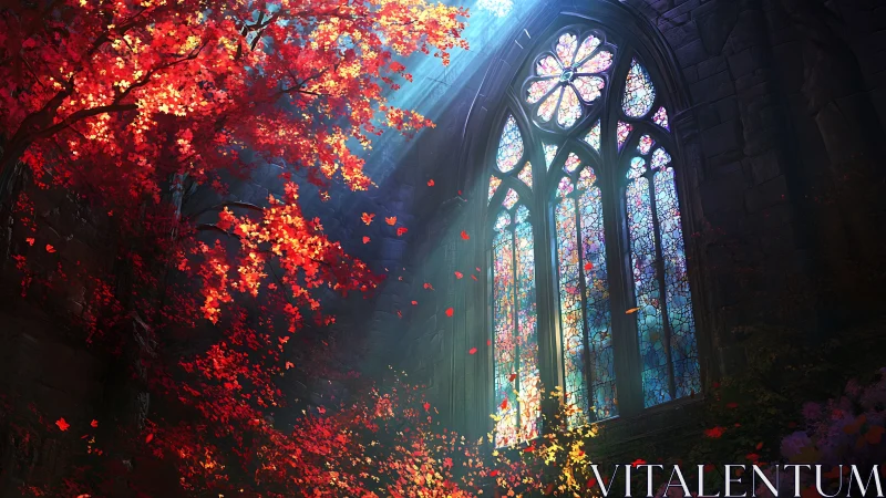 Autumn light pours through stained glass in a ruined chapel.