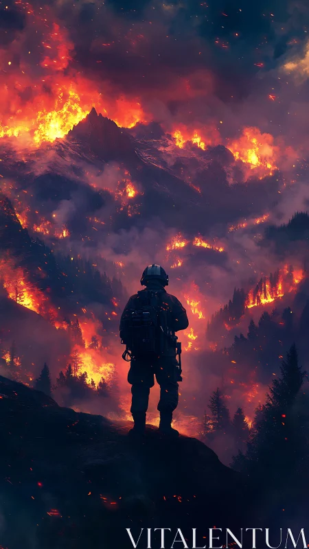 Firefighter Silhouette Facing Catastrophic Wildfire at Night