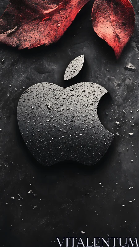 Rain-kissed metallic apple emblem under crimson leaves.