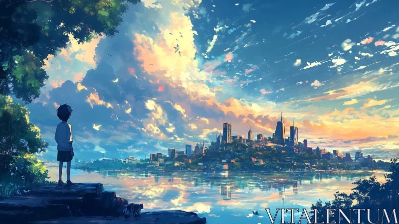 Solitary boy watching luminous city across tranquil lake.