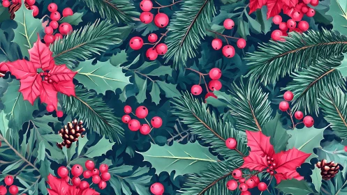 Festive holly leaves, winter berries, and pine branches pattern.