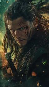 Battle-scarred warrior locks gaze through emberlit storm.