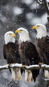Snowfall council of bald eagles perched in winter hush.