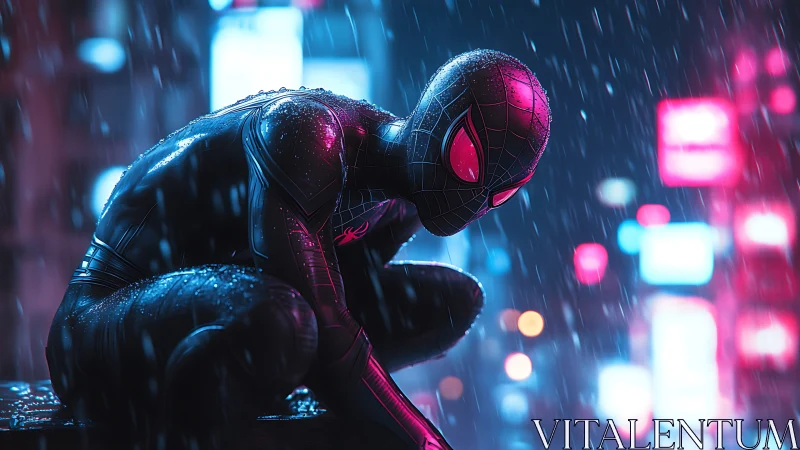 Neon-lit spider hero crouches in rain-soaked city night.