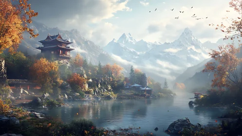 Mountain-temple autumn hush beside silver misted lake.