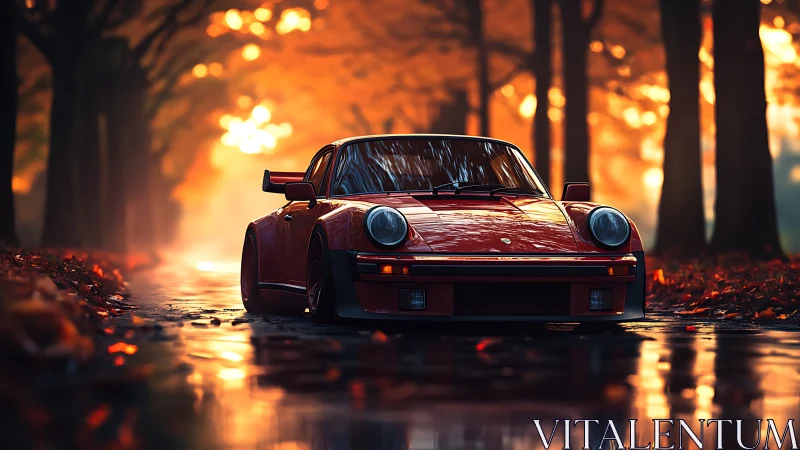 Classic red sports coupe in cinematic autumn forest light.