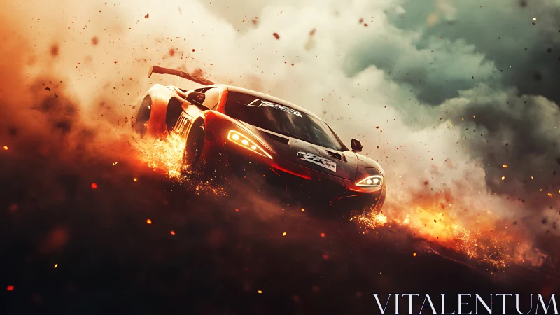 Supercar drifting through fiery embers on stormy racetrack