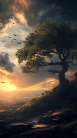 Solitary hillside tree welcomes the dawn with quiet grace