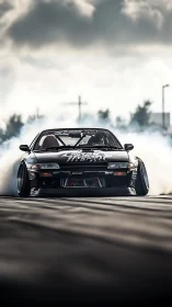 Modified drift car generating tire smoke on open track.