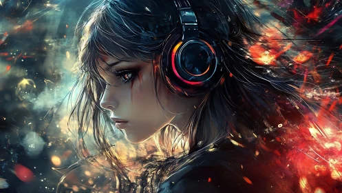 Side profile of headphone user in abstract color field.