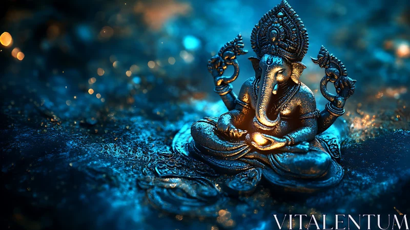 Luminous Ganesha statue cradles starlight in electric blue hush