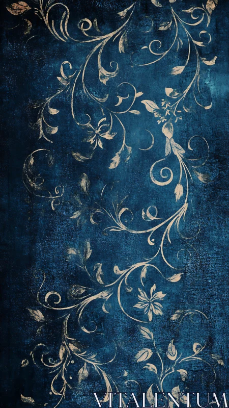 Floral vine motif overlays textured blue vertical background