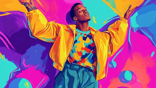 Color-drenched joy with a dancing soul in mid-gesture.