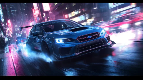 Night city racer powers through neon soaked wet streets
