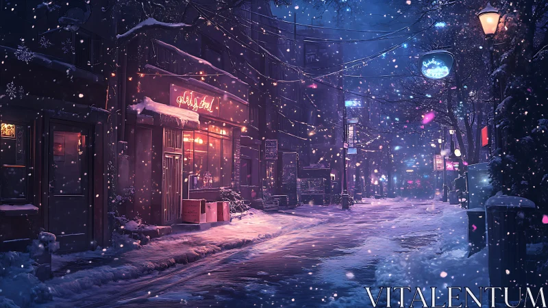 Snowy neon city street glows with cozy winter warmth.