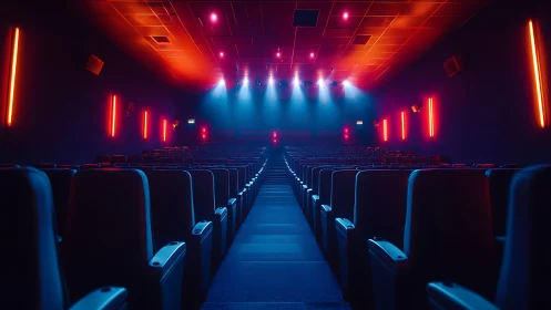 Soft neon lights bathe an empty cinema in cinematic glow