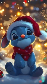 Snowy blue bunny quietly hoards Christmas lights in its eyes