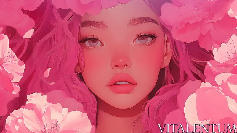Pink floral portrait framing stylized girl in soft bloom.