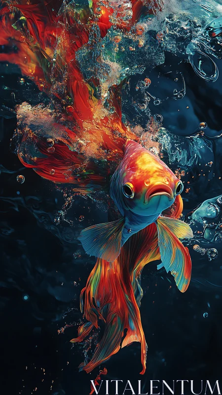 Vibrant koi fish erupts through dark water in glowing color