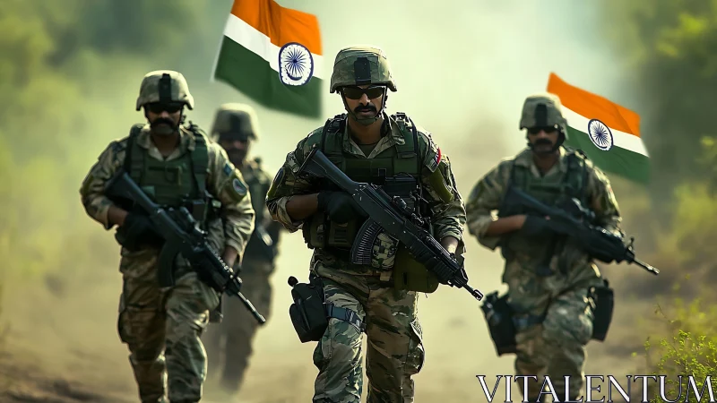 Indian military personnel on patrol with national flags displayed.
