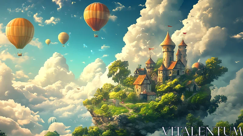 Floating castle isle drifts through clouds and balloon daydreams.