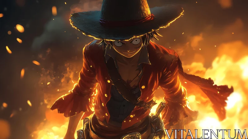 Fiery straw-hatted adventurer steps forward through flames