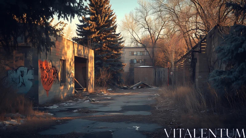 Winter-lit derelict alley with graffitied concrete sheds at dusk.