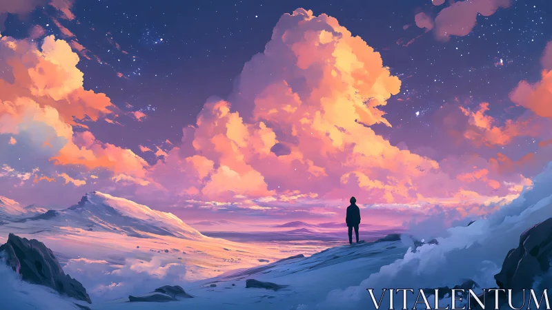 Dreamer on a snowlit ridge beneath glowing cosmic clouds.