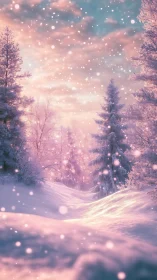Soft winter snowfall over a dreamy pink forest path.
