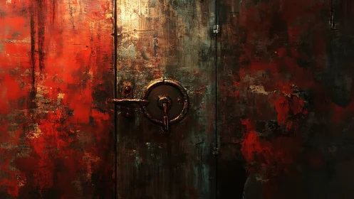 Corroded steel door with circular lock ring and scarlet decay