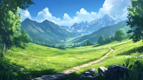 Sunlit alpine valley path rendered in luminous digital painting