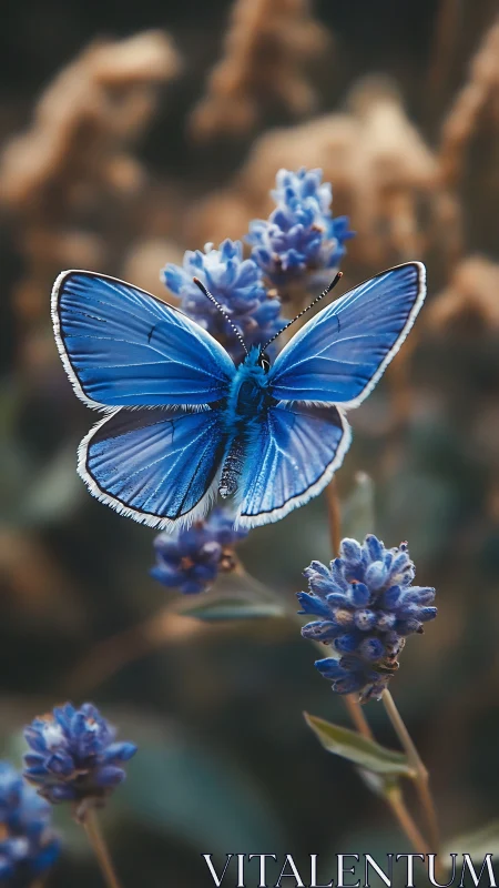 Blue butterfly rests on lavender flower in shallow focus