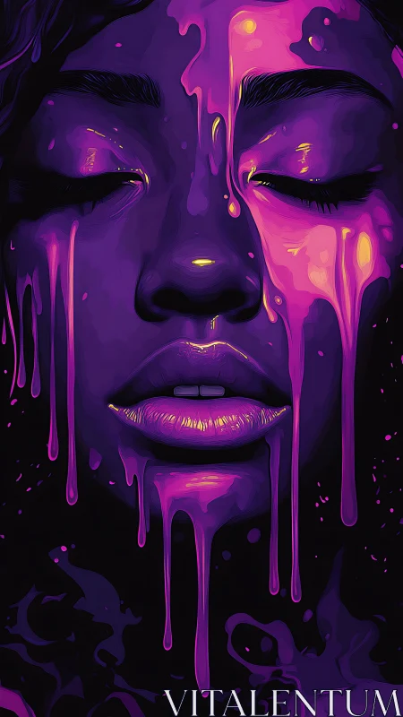 Neon purple portrait with melting dripping liquid overlay.