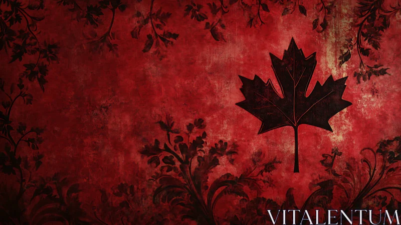 Crimson maple emblem blooms over baroque floral shadows.