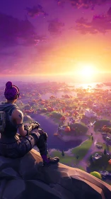 Sunset gamer overlooking a glowing, dreamlike adventure world.