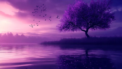 Dreamy purple lakeside tree glowing in gentle twilight.