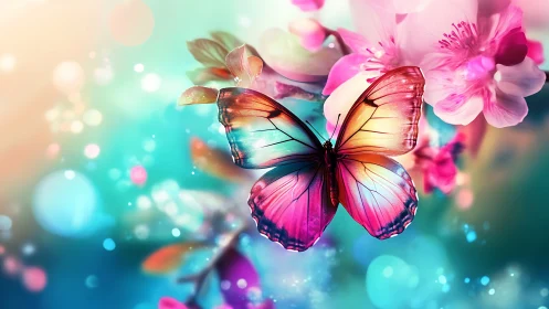 Iridescent butterfly poised among luminous spring blossoms.