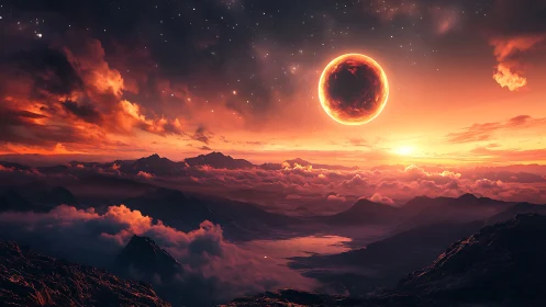 Fiery alien eclipse burns above misty crimson mountains